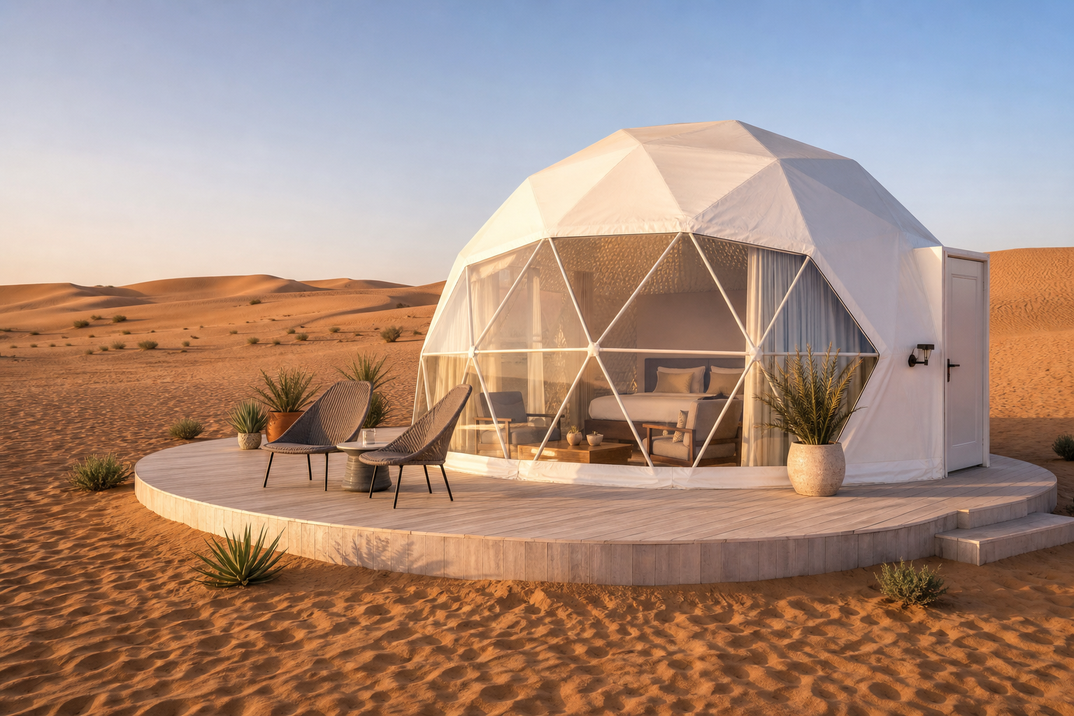 A modern panoramic dome tent among the golden dunes of Bidiyah, Oman