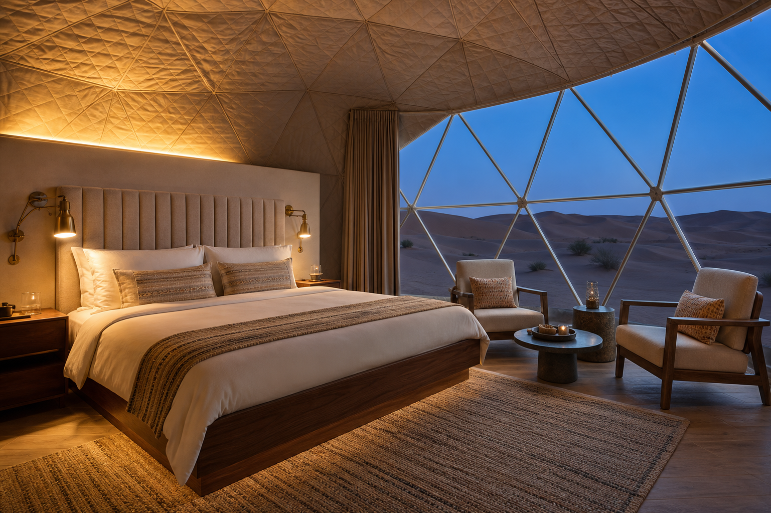Modern desert tent interior with a king-size bed and panoramic dune views