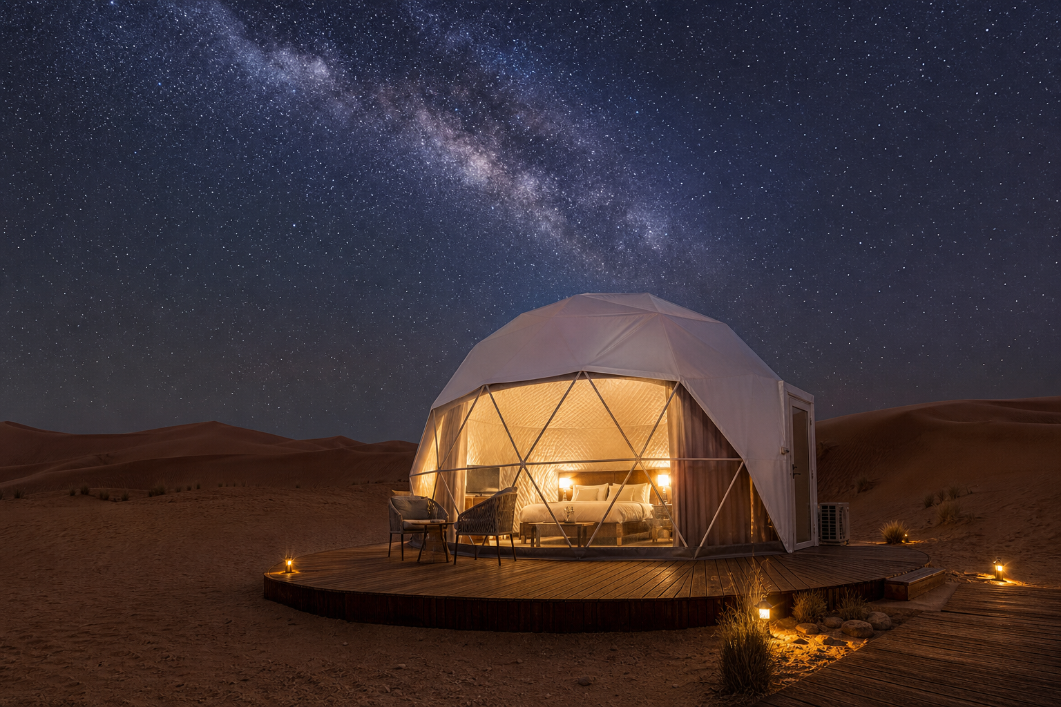 A warm modern desert tent beneath the star-filled night sky in Bidiyah, Oman