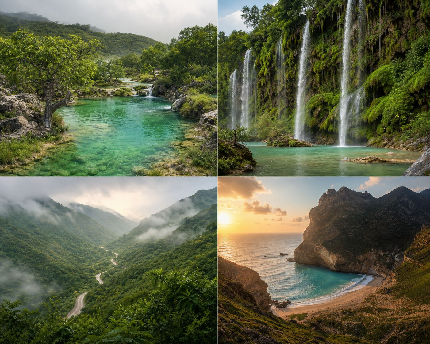 A travel collage of Salalah’s turquoise wadis, seasonal waterfalls, green mountains, and dramatic coast in Dhofar, Oman