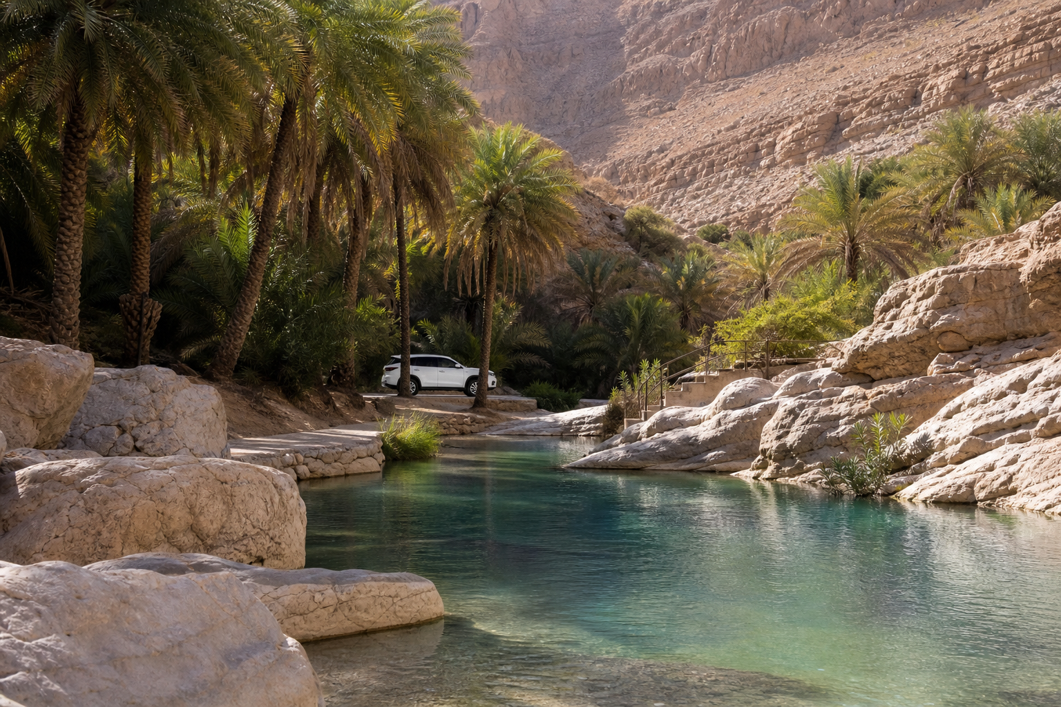 Clear pools, palms, and rock formations at Wadi Bani Khalid in Oman