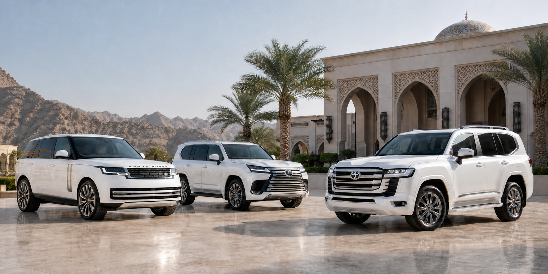Fleet of three white luxury SUVs